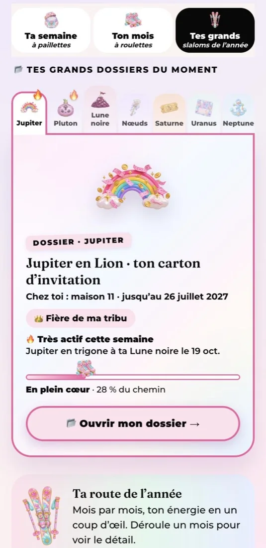 L’écran « Tes grands dossiers du moment » du Cosmic Roller Club