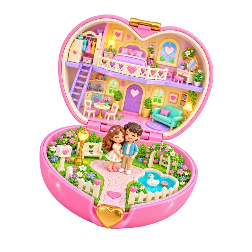 Coffret cœur miniature rose ouvert, avec deux personnages dans un univers Polly Pocket